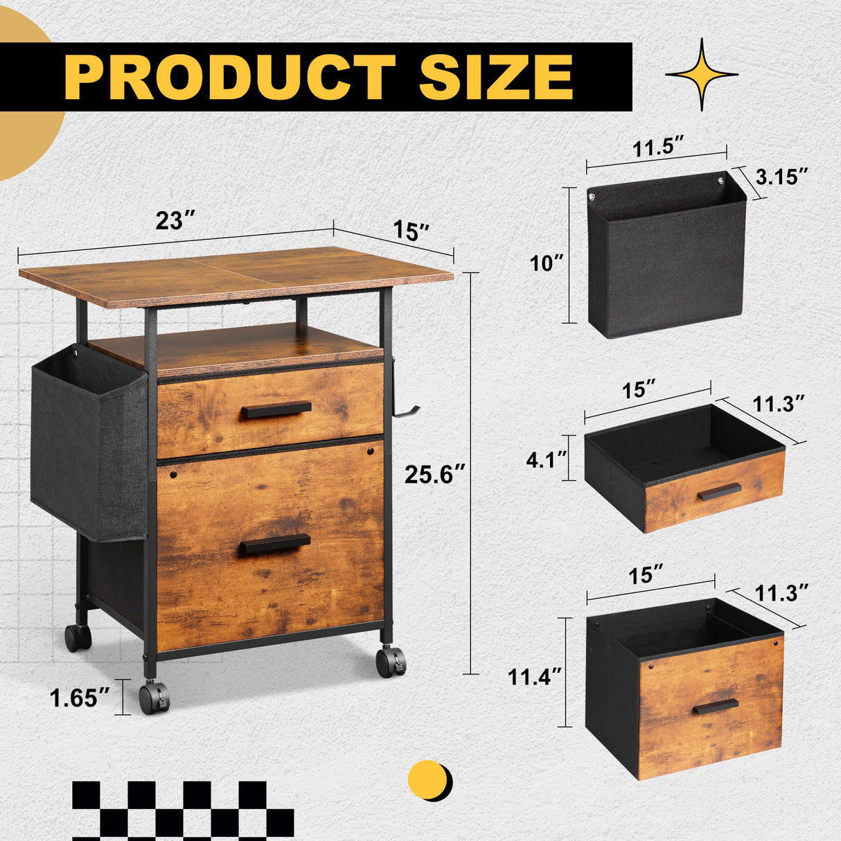 NASHZEN File Cabinet Printer Stand, Mobile Filing Cabinet with 2 Storage Drawers, for Hanging A4, Letter Size File Folders, Open Shelf with Storage Bag and Hooks Home Office, Rustic Brown NASHZEN