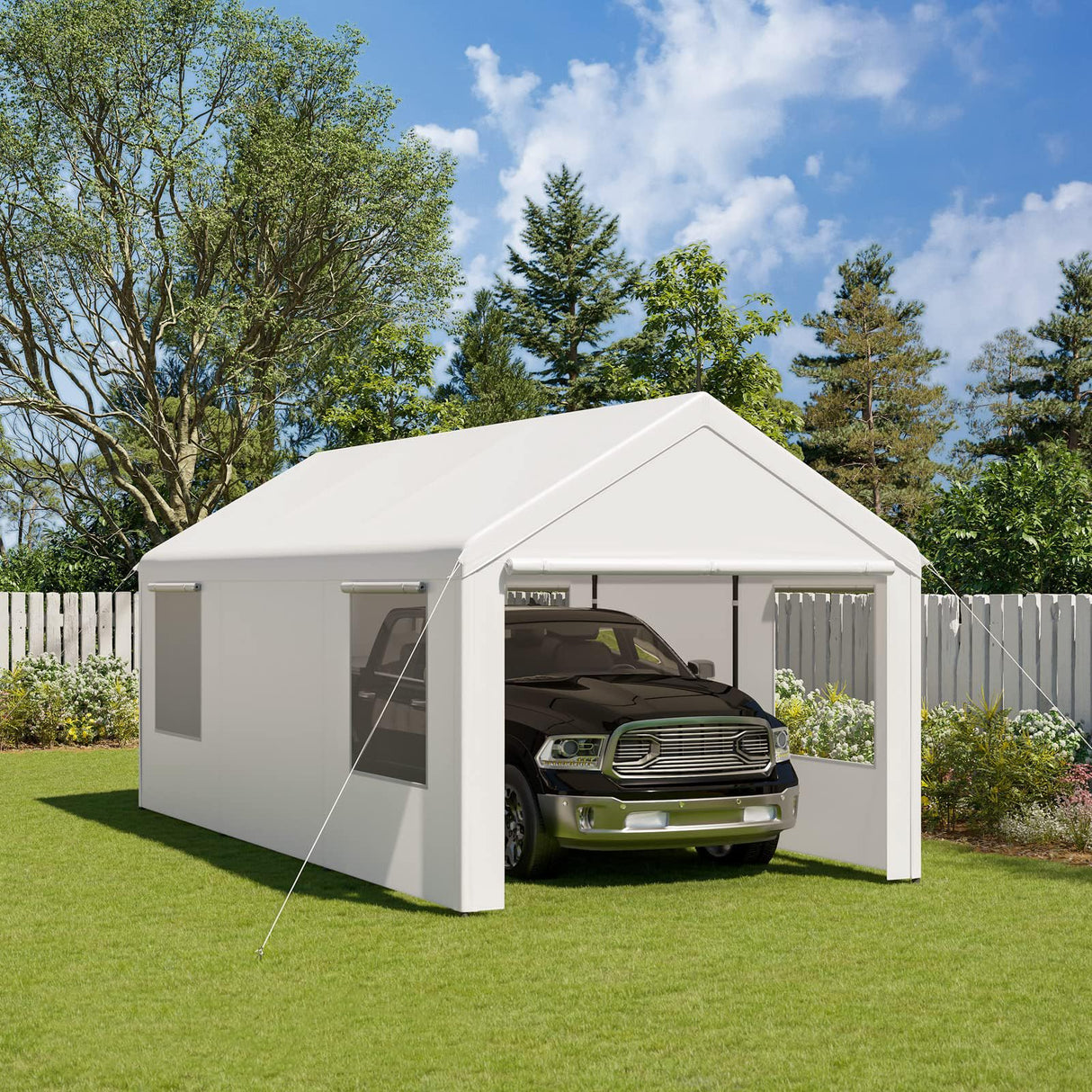 Gardesol Carport, 10' x 20' Heavy Duty Carport with Roll-up Ventilated Windows, Portable Garage with Removable Sidewalls & Doors for Car, Truck, Boat, Car Canopy with All-Season Tarp, White Gardesol