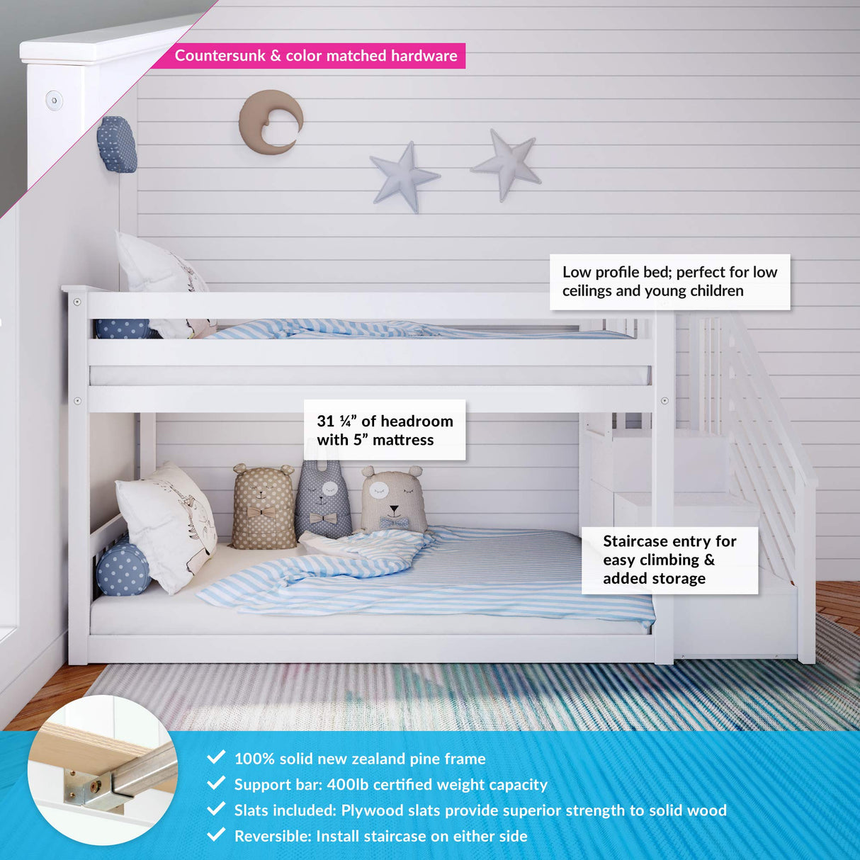 Max & Lily Low Bunk Bed, Twin-Over-Twin Bed Frame For Kids With Stairs, White Max & Lily