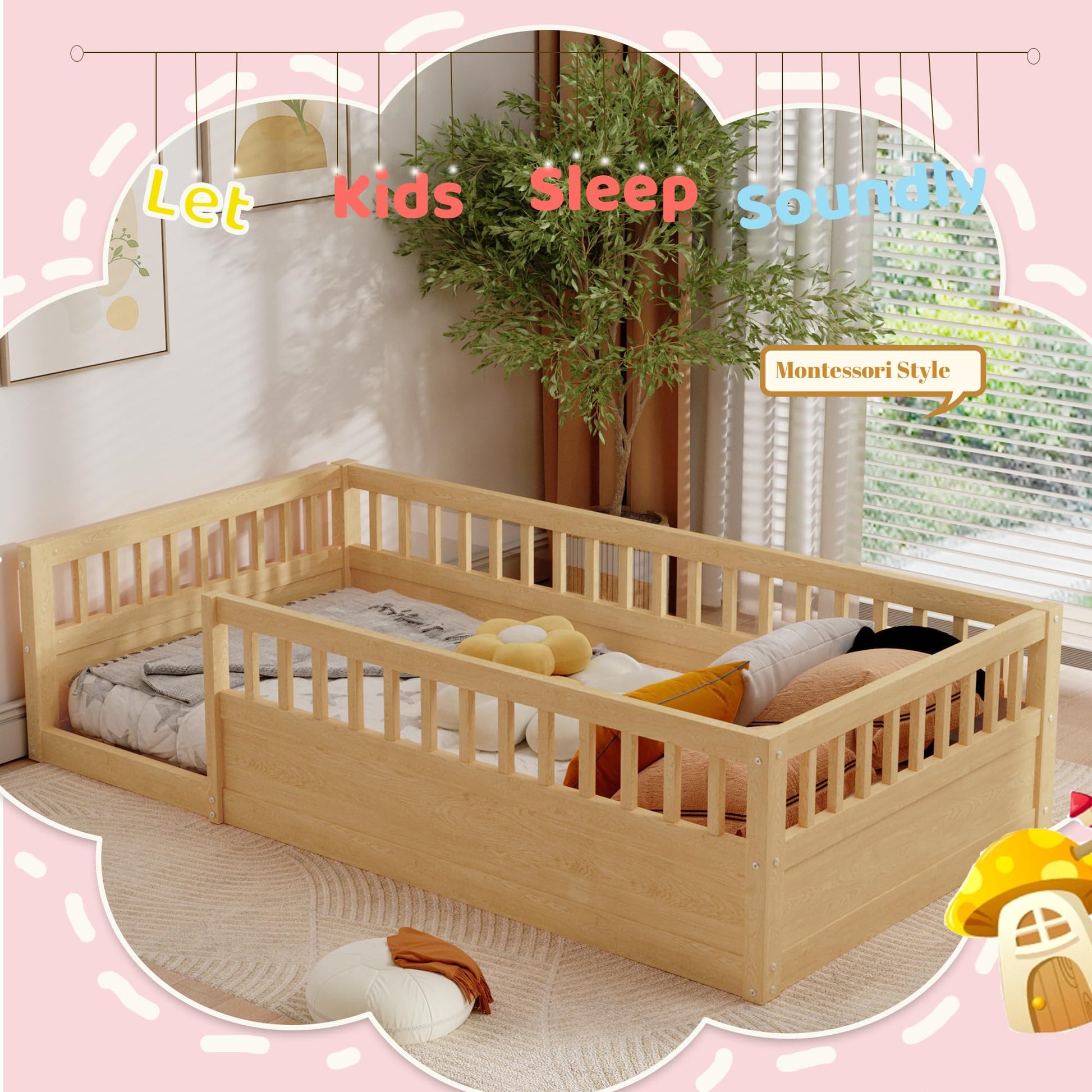 Mirightone Twin Size Montessori Floor Bed with High Fence Railings – Natural Wood Playhouse Design for Kids - WoodArtSupply