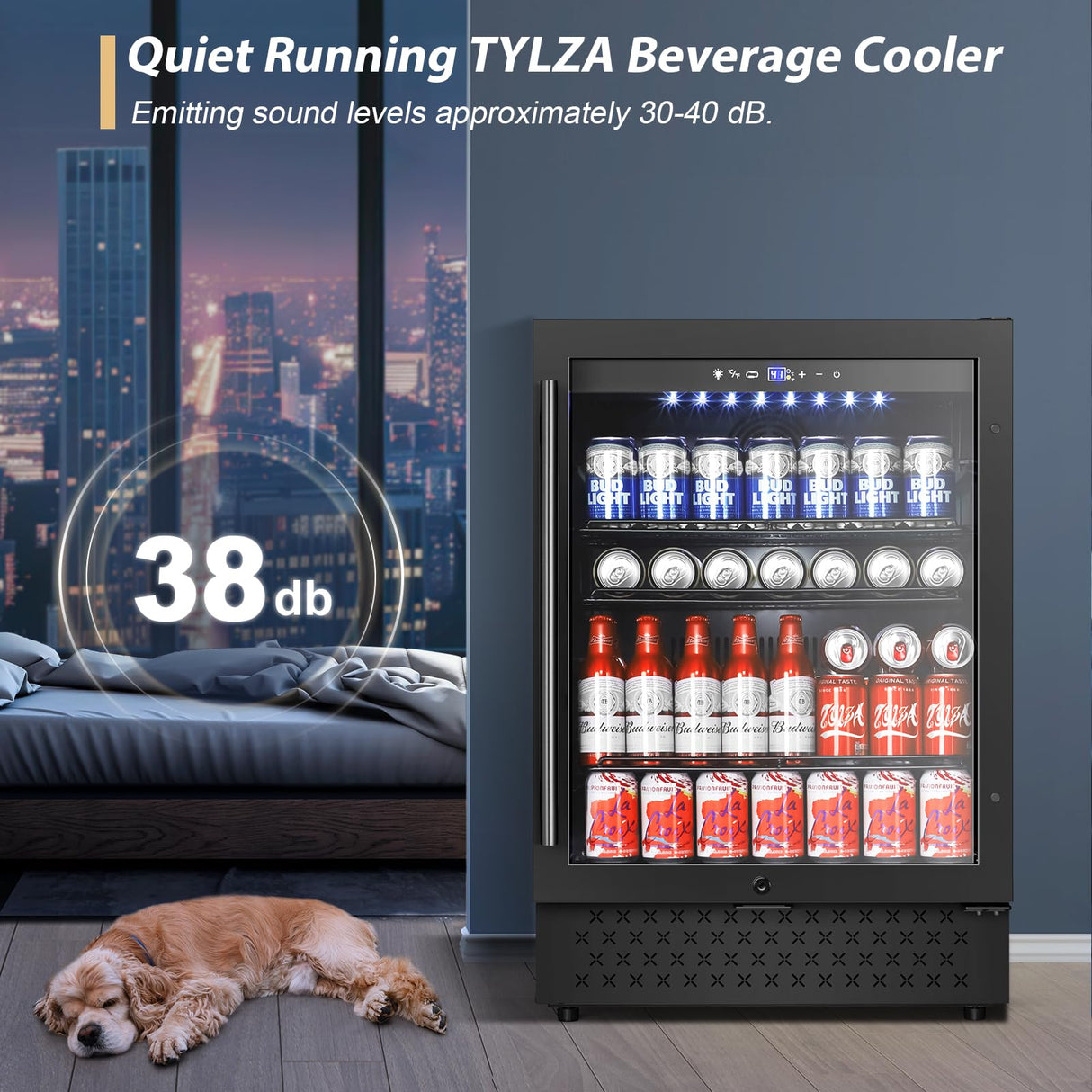 Tylza Beverage Refrigerator 24 Inch, Under Counter/Freestanding Drink Fridge, 190 Cans Beverage Cooler with Glass Door, Reversible Door, Low Noise, Quick Cooling - for Beer, Soda, ETC, Black Tylza