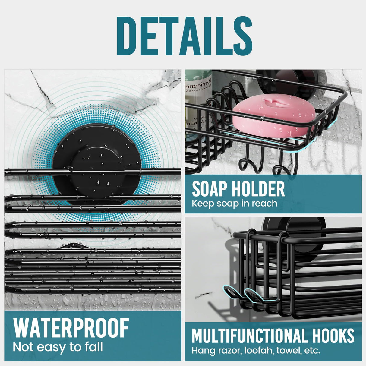 TAILI Shower Caddy Suction Cup 2 Pack with Hooks & Soap holder, Heavy Duty Shower Organizer for Bathroom, No Drilling Bathroom Organizer with Large Capacity, Black Metal Storage Basket TAILI