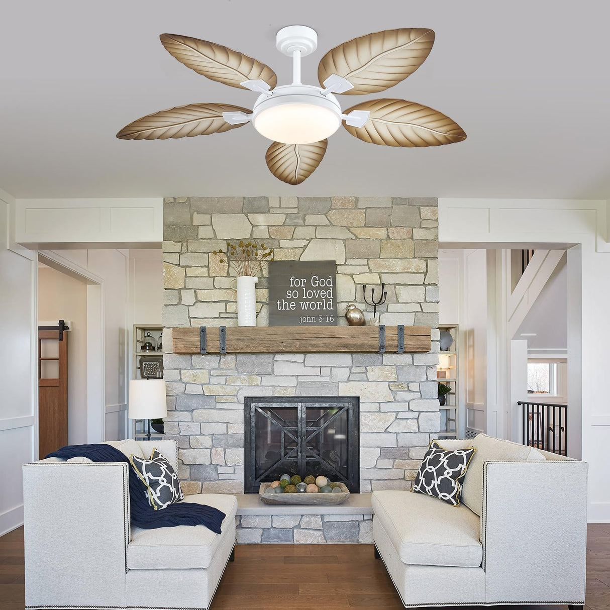 PHORUS 52" Palm Leaf Ceiling Fans with Lights, Outdoor Tropical Ceiling Fans with Remote for Patios Living Room, Dimmable, 6 Speeds, Reversible, Wood Grain PHORUS