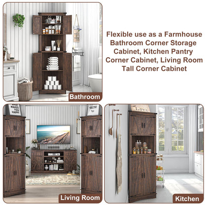 Hlivelood 68" Tall Farmhouse Corner Cabinet, 5-Tier Storage Cabinet with 4 Barn Doors & Adjustable Shelves, Bathroom Cabinet with Storage for Living Room, Kitchen, Bathroom, Brown - WoodArtSupply