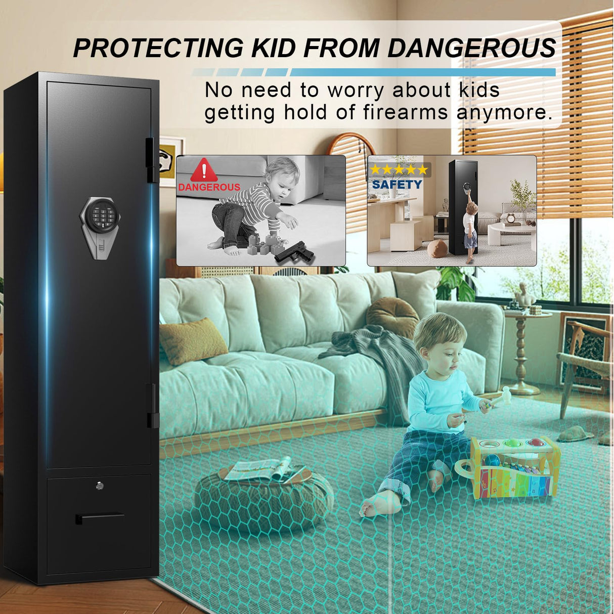 ANXINWEI Gun Safe, 5-8 Gun Cabinet with Lock Drawer, Rifle Safe with Dual Alarm and Mute Mode, Gun Safe for Rifles and Pistols with LED Light, Gun Cabinets for Rifles and Shotguns，Rifle Safes for Home ANXINWEI