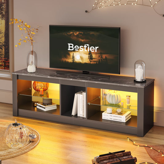 Bestier Entertainment Center LED Gaming TV Stand for 55+ Inch TV Adjustable Glass Shelves 22 Dynamic RGB Modes TV Cabinet Game Console PS4, Black Marble