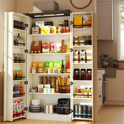 Vrmuxita Tall Kitchen Pantry Cabinet: Food Pantry Cabinets for Kitchen Storage, Off White Wood Storage Cabinet with 2 Doors, Farmhouse Cabinets with Freestanding Cupboard