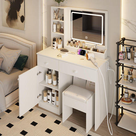 Dressing Table Set, Large Storage Space vanity with Mirror, Power Outlet, Makeup Vanity Bench with 2 Drawers Cushioned Stool for Beauty Storage & Cosmetics, Vintage Vanity Desk for Women (White) Runboll