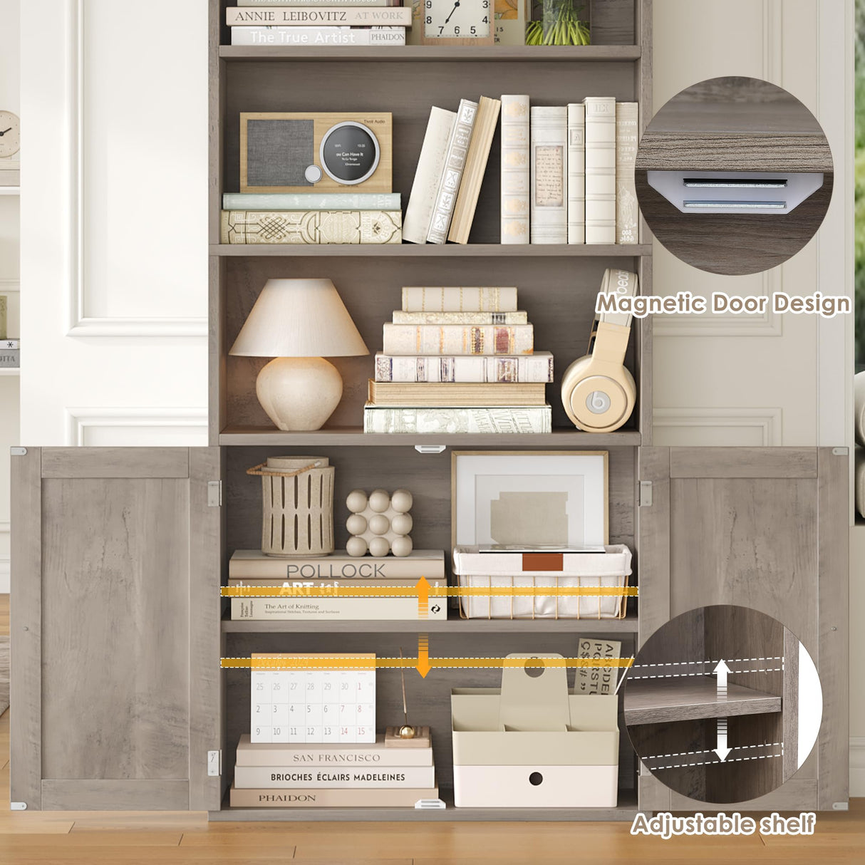 FACBOTALL 82" Tall Bookcase and Book Shelf, 24" Wide Bookshelf with Doors, 7 Tier Bookcase with Storage and Adjustable Shelf, Open and Display Farmhouse Bookshelf for Living Room, Home Office, Gray FACBOTALL