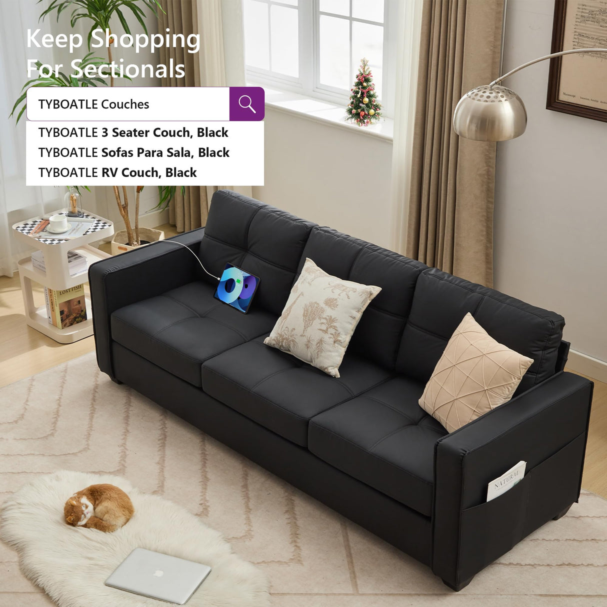 TYBOATLE 88" W Faux Leather Couches for Living Room w/Side Pockets, Mid-Century Modern Tufted Comfy Leather Couch w/USB and Wider Arms, 3 Seater Sofa for Office, Apartment, Bedroom, Black TYBOATLE