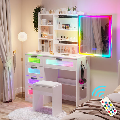 HNEBC Vanity Desk with Sliding Mirror and LED Lights, RGB Vanitys with Charging Station, Makeup Vanity with Remote Control, White Dresser with Stool/Lager Drawers for Bedroom (White) HNEBC