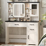 Maupvit Vanity Desk with Mirror and Lights, Makeup Vanity with 3 Drawers and Power Outlets, Farmhouse Makeup Vanity Desk with Lights, Dressing Table with Mirror for Bedroom, White Maupvit