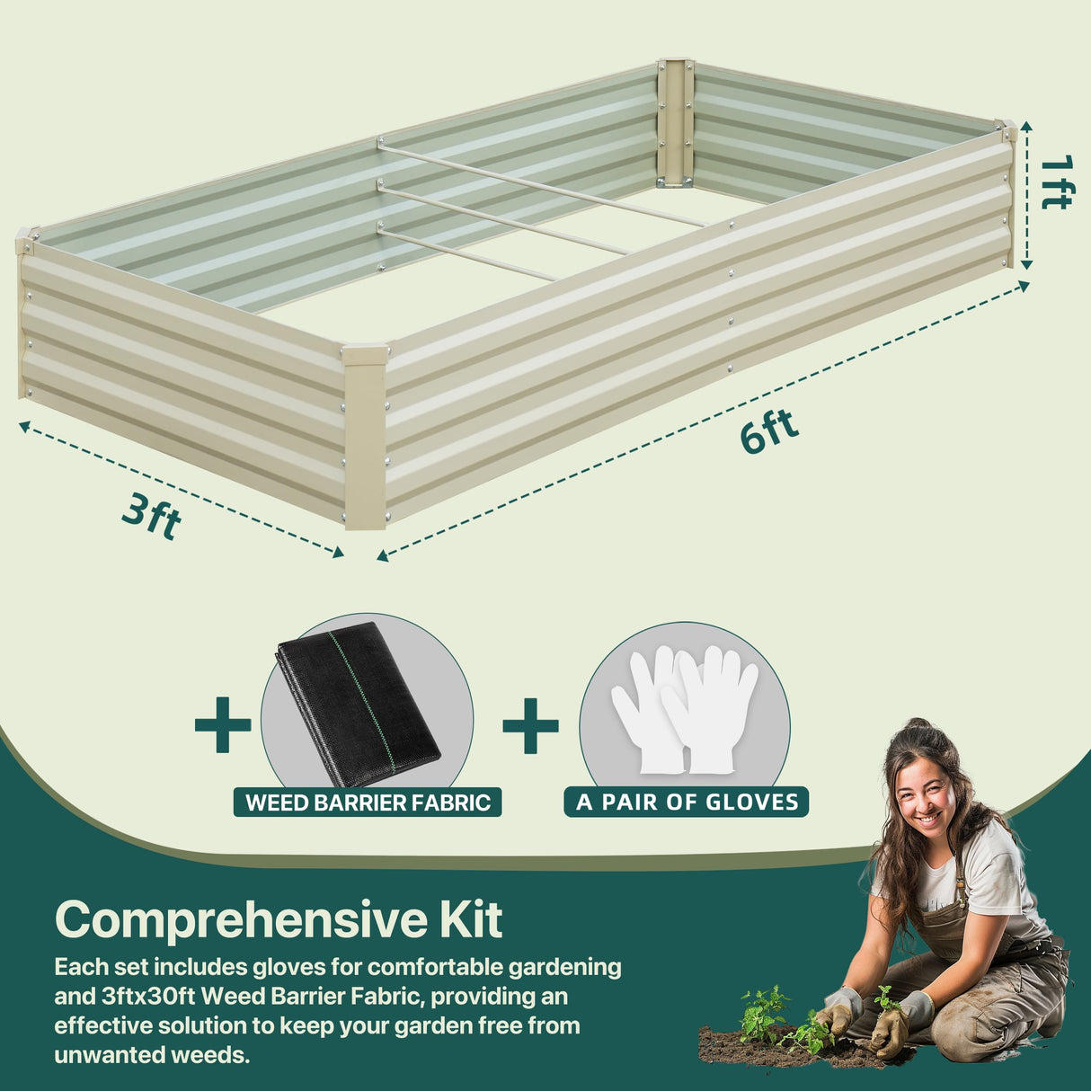 BUTUNITA Raised Garden Bed Beige, 6x3x1ft Galvanized Raised Garden Bed Outdoor Metal for Gardening Vegetables Flower Garden Planter Box Large Raised Bed with Gloves and 3ftx30ft Weed Barrier Fabric BUTUNITA