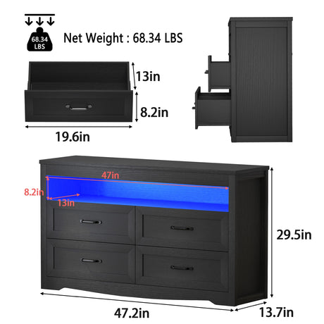Wodeer 4 Drawer Dresser Chests with LED Light,Wide Chest of Drawers with Metal Handles,Wood Dresser for Storage and Organization for Bedroom,Living Room, Nursery,Hallway,Black Wodeer