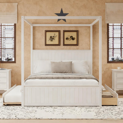 JIJIWANG Modern Queen Size Canopy Platform Bed with Trundle and Three Storage Drawers,4-Post Solid Wood Bed Frame with Headboard,No Box Spring Needed,White