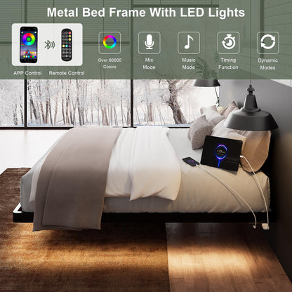 Feonase Queen Size Floating Bed Frame with LED Lights and Charging Station – Modern Metal Design, No Box Spring Needed, Easy Assembly - WoodArtSupply