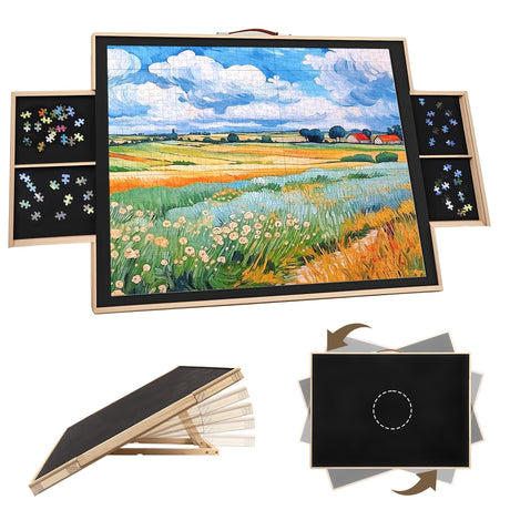 Rotating Puzzle Board 1500 Pieces - Adjustable Puzzle Table with Drawers & Dust Cover, 27x35 Inch Portable Wooden Jigsaw Board, Ergonomic Tilt for Adults, Gift for Mom Kids Wdmiya