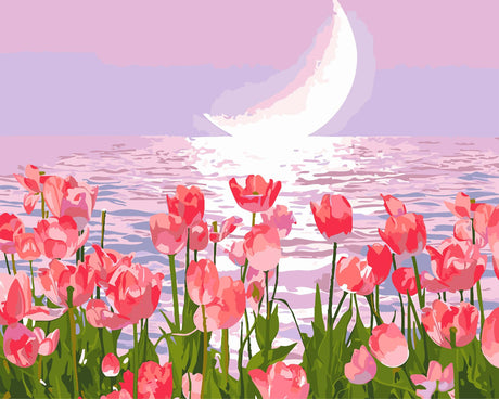 SANYUN Paint by Numbers Kit for Adults Beginners,Pink Tulips Painting by Numbers,Flowers & Moon Easy Acrylic on Canvas, Suitable for Home Wall Decor and Gifts 20x16inch SANYUN