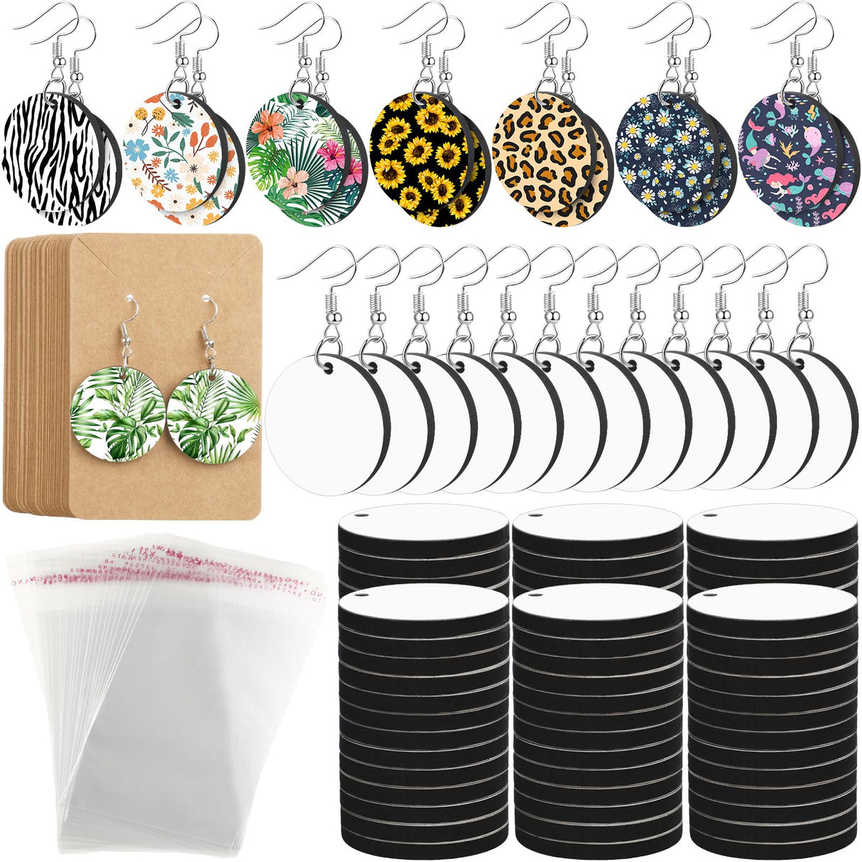 Riceshoot 800 Pieces Sublimation Earring Blanks Bulk with Earring Hooks, Jump Rings, Ear Plugs, Earring Cards Holder and Transparent Packaging Bags Unfinished MDF Earrings for DIY Making (Round) Riceshoot