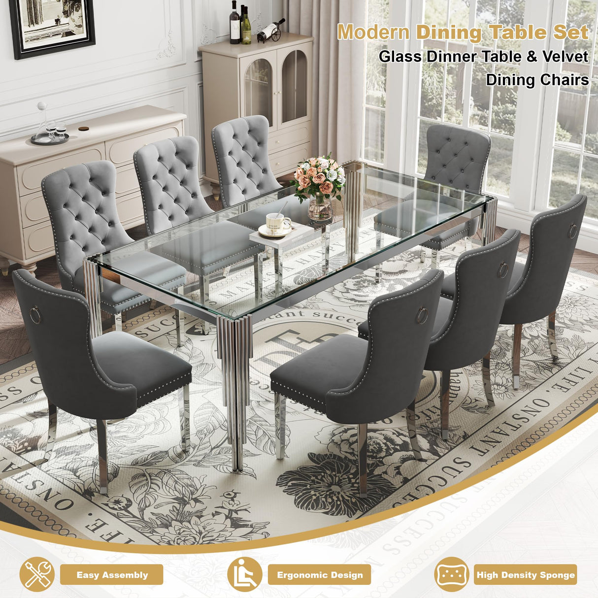 9 Piece Glass Dining Table Set for 8, 81" Rectangle Kitchen Table with 8 Gray Velvet Upholstered Chairs, Tempered Glass Tabletop with Stainless Steel Legs, for Kitchen and Dining Room, Silver Clear AMHDDT