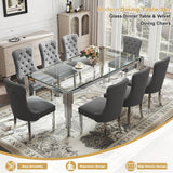 9 Piece Glass Dining Table Set for 8, 81" Rectangle Kitchen Table with 8 Gray Velvet Upholstered Chairs, Tempered Glass Tabletop with Stainless Steel Legs, for Kitchen and Dining Room, Silver Clear AMHDDT