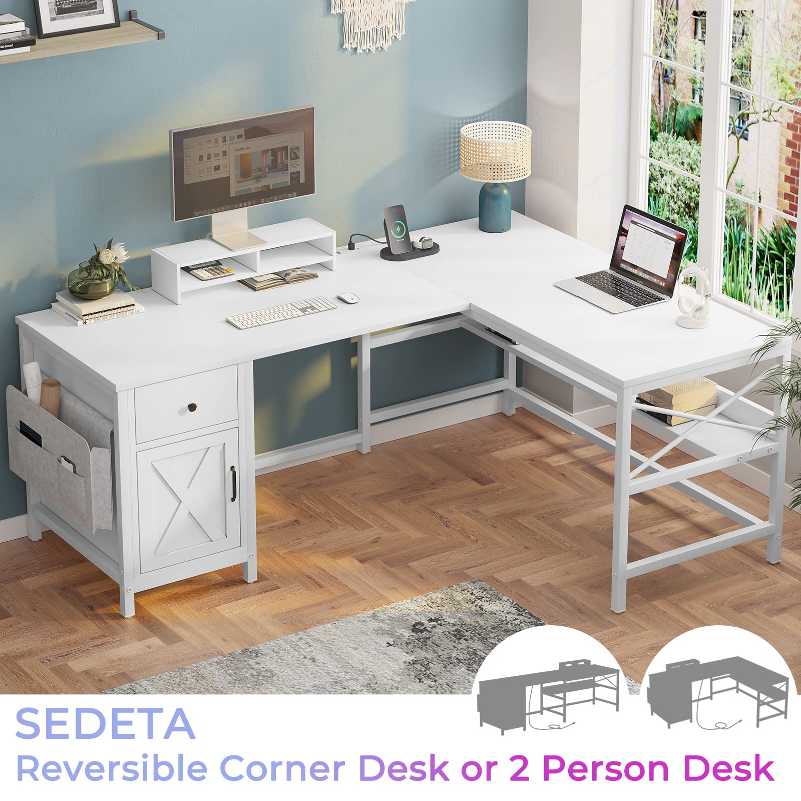 SEDETA 86.6" Convertible L Shaped Computer Desk with Drawer and Power Strip - White Home Office Solution - WoodArtSupply