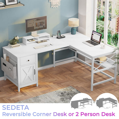 SEDETA 86.6" Convertible L Shaped Computer Desk with Drawer and Power Strip - White Home Office Solution - WoodArtSupply