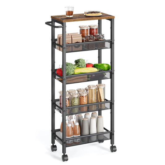 VASAGLE Slim Rolling Cart, 5-Tier Storage Cart, Narrow Cart with Handle, 8.7 Inches Deep, Metal Frame, for Kitchen, Dining Room, Living Room, Home Office, Rustic Brown and Classic Black ULRC035B01