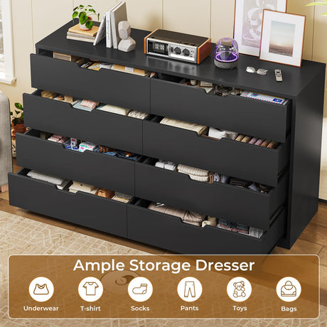 BTHFST 8 Drawers Black Dresser for Bedroom, Modern Wood Chest of Drawers 8 Drawer Dresser with Large Capacity for Living Room, Closet, Hallway, Entryway BTHFST