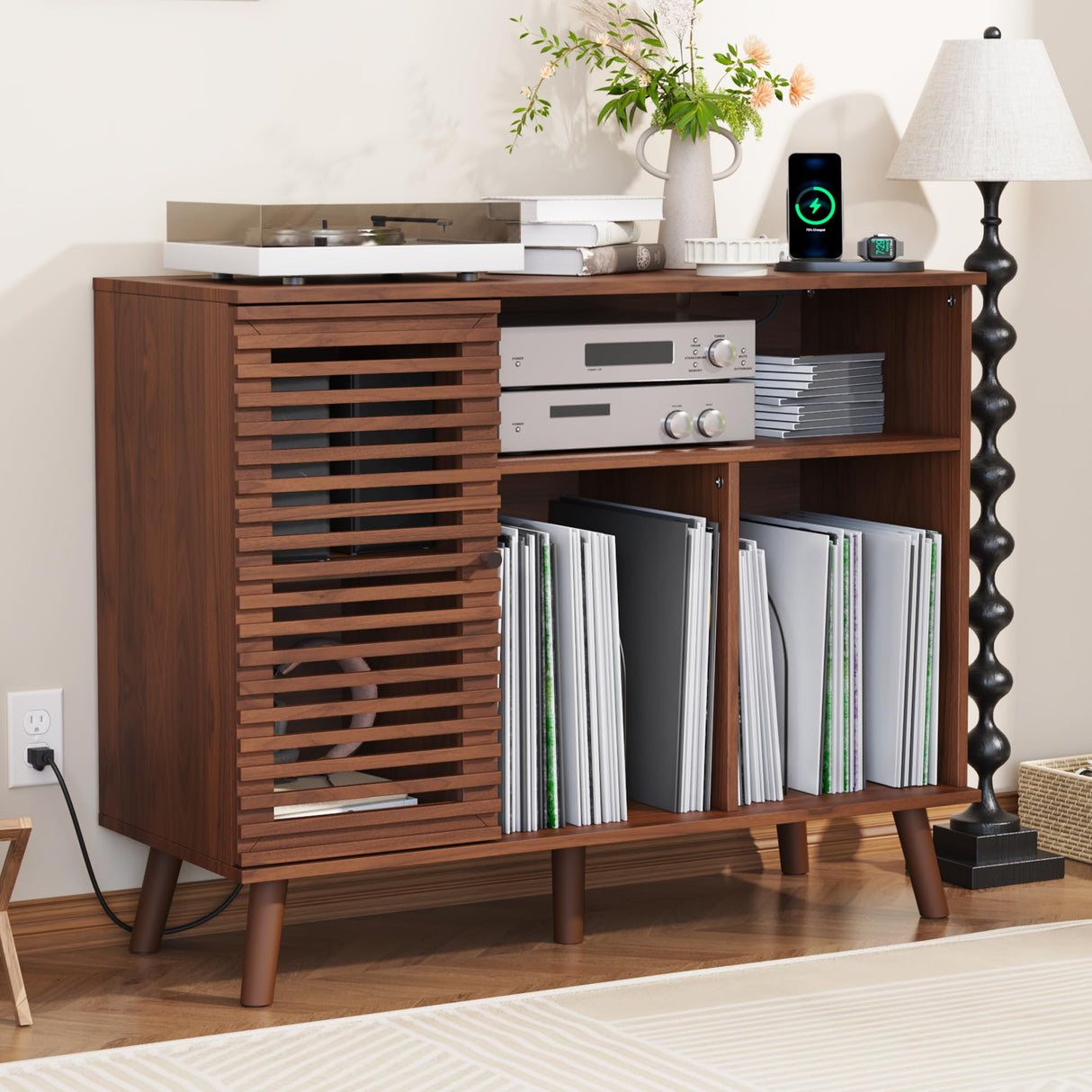 Furnify Record Player Stand with Charging Station, Mid-Century Turntable Stand with Slatted Doors, 40" W Record Player Table Holds Up to 350 Albums Vinyl Storage Display Shelf for Living Room, Walnut Furnify