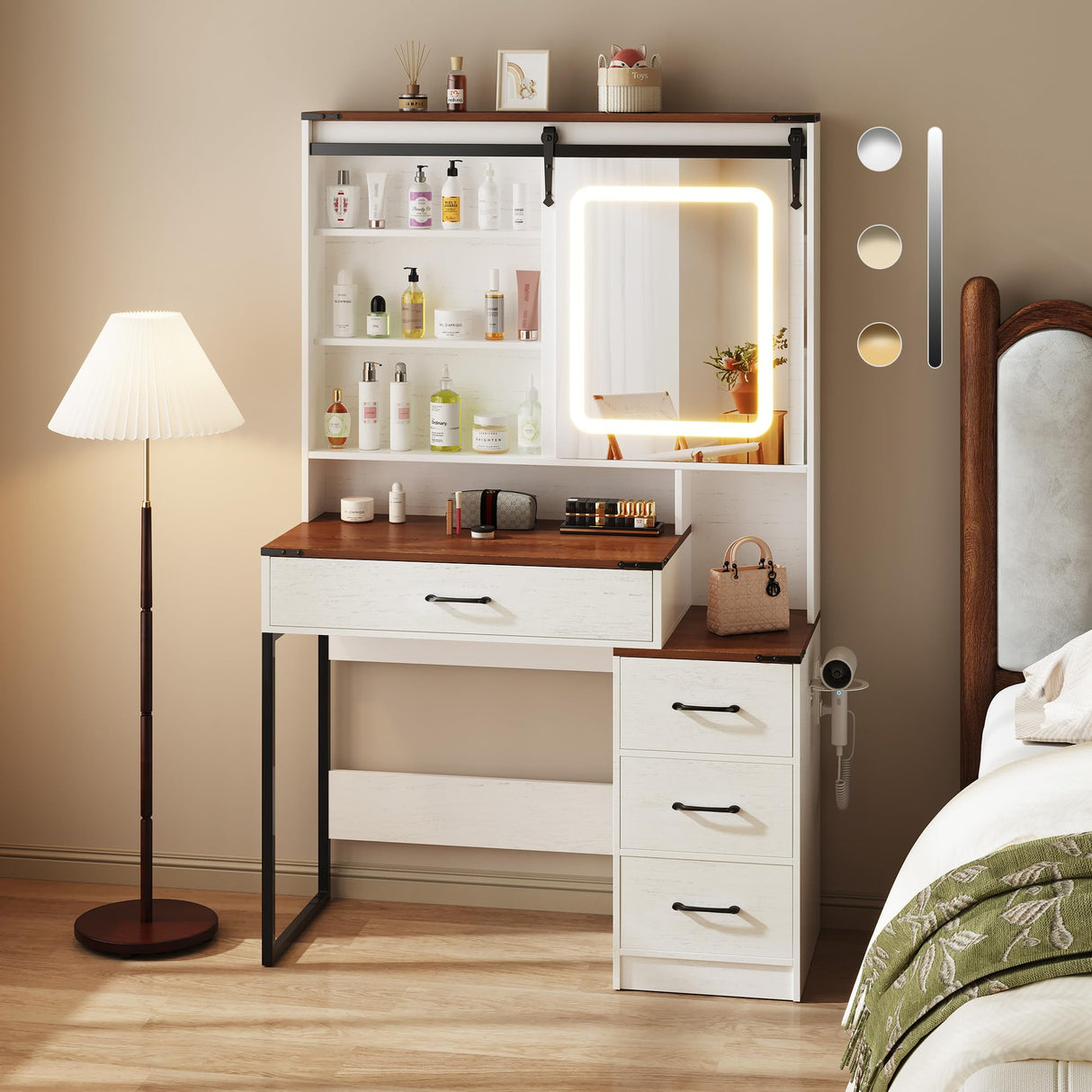 NUNU LAB Farmhouse Women Vanity Desk with Sliding Mirror and Lights, Rustic Big Makeup Table with Charging Station, Drawers, Cabinets, and Adjustable Shelves for Bedroom 42'', Brown NUNU LAB