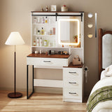 NUNU LAB Farmhouse Women Vanity Desk with Sliding Mirror and Lights, Rustic Big Makeup Table with Charging Station, Drawers, Cabinets, and Adjustable Shelves for Bedroom 42'', Brown NUNU LAB