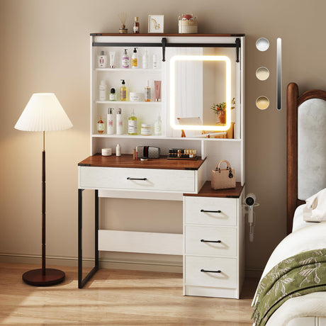 NUNU LAB Farmhouse Women Vanity Desk with Sliding Mirror and Lights, Rustic Big Makeup Table with Charging Station, Drawers, Cabinets, and Adjustable Shelves for Bedroom 42'', Brown NUNU LAB