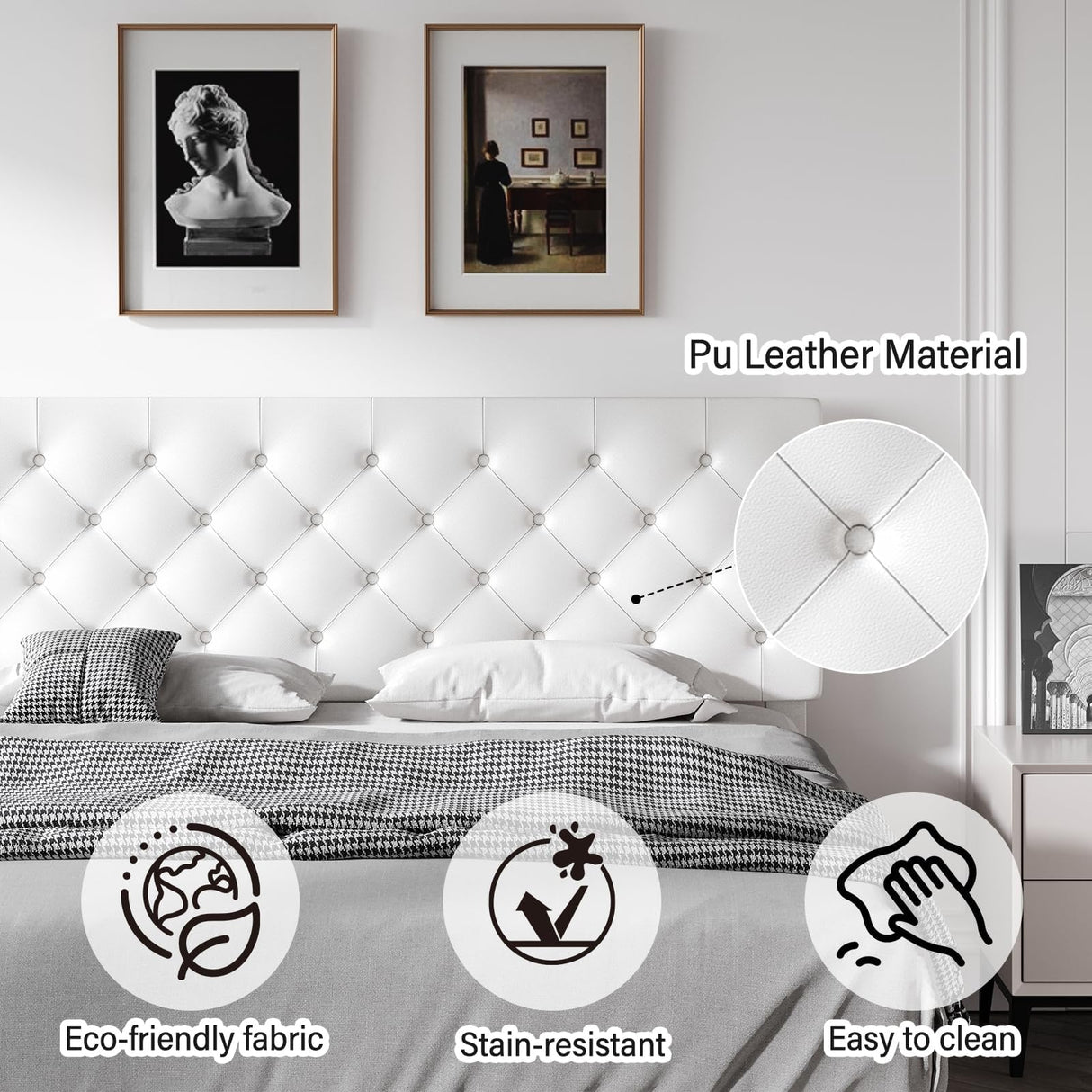 REVOMINCA Full Bed Frame with Headboard, Faux Leather Upholstered Platform Bed Frame, White Bed Frame Full Size, Wooden Slat Support, No Box Spring Needed, White REVOMINCA