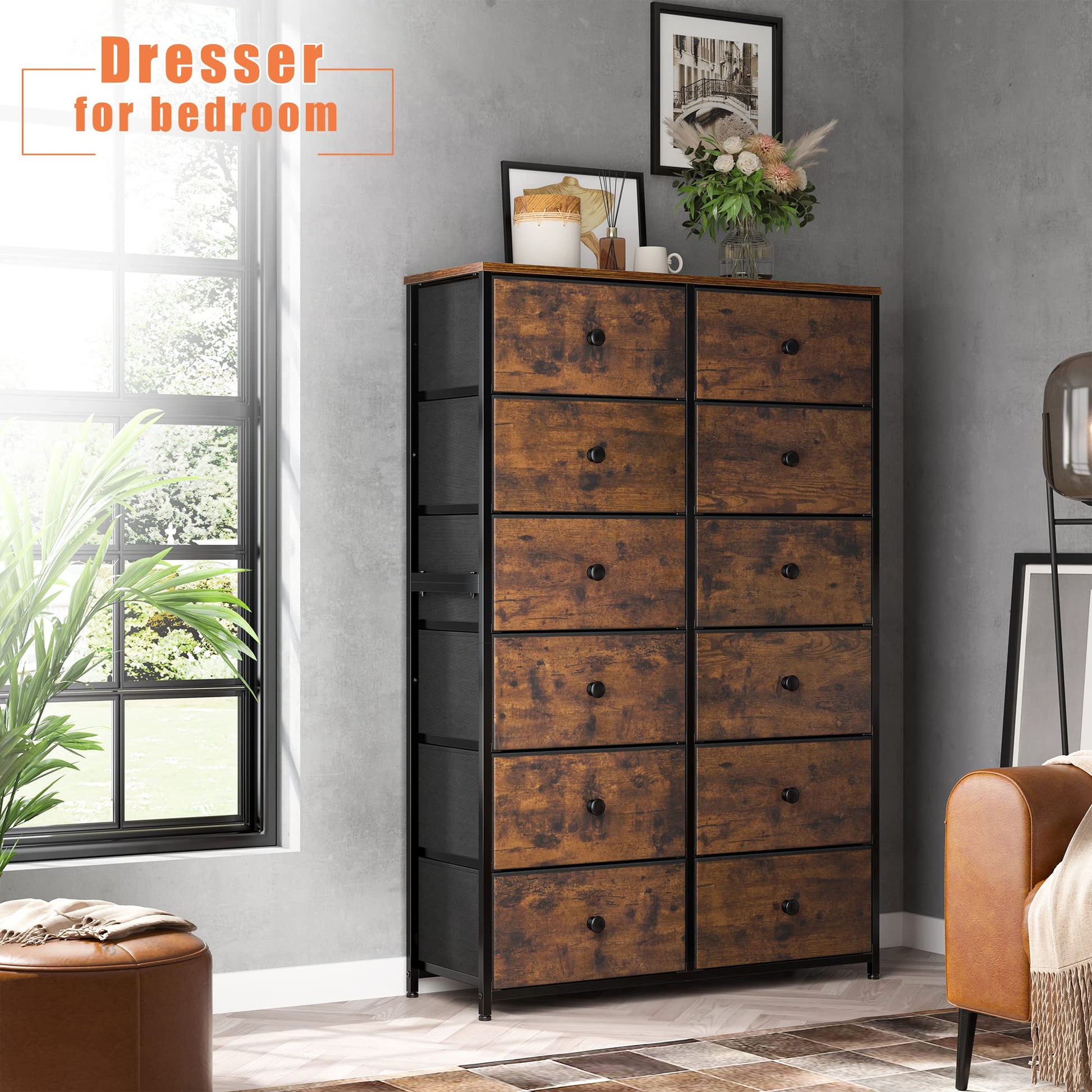 EnHomee 12 Drawer Dresser with Wooden Top and Metal Frame, Tall Fabric Dresser & Chest of Drawers for Bedroom Closet Living Room, Rustic Brown, 11.8" D x 34.7" W x 52.4" H - WoodArtSupply