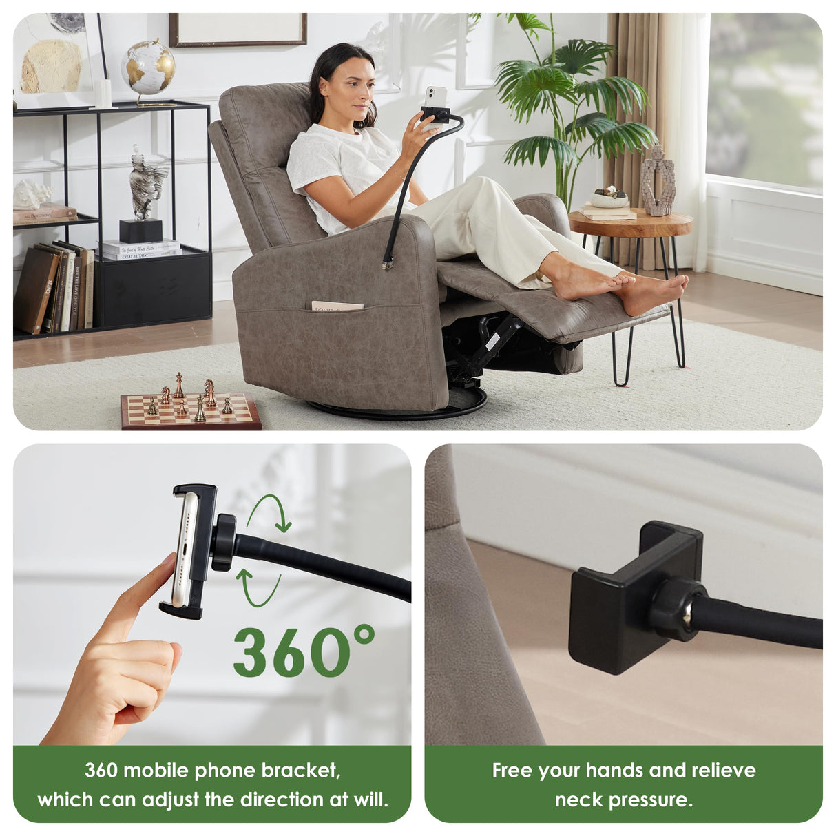 AYEASY Oversized Recliner Chair, Leather Swivel Rocking Chair Reclining with Phone Holder, Ergonomic Lazy Boy Fabric Sofa Chair with Lumbar Support, Manual Glider Chair for Living Room, RV, Grey AYEASY