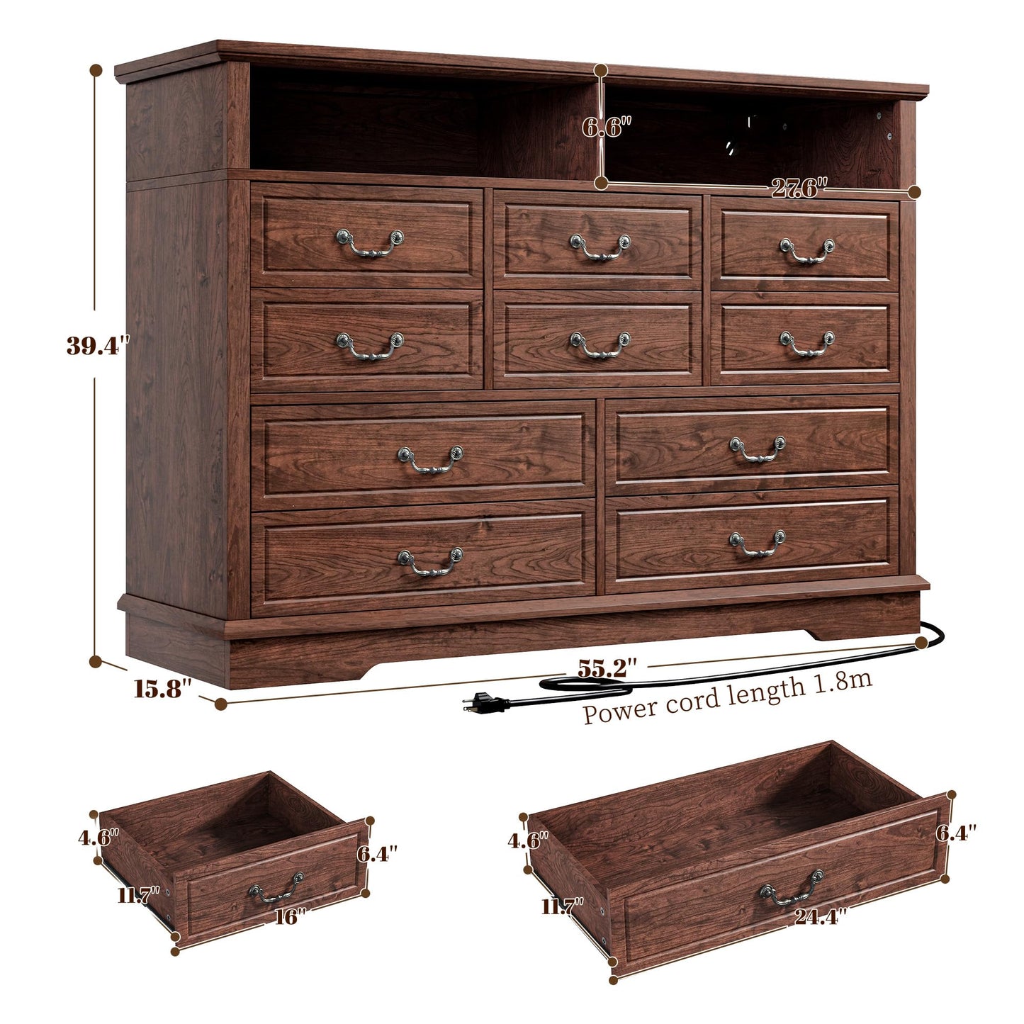 EnHomee Farmhouse Dresser for Bedroom 55.2''Wide Wood Dresser with LED & Power Outlet Vintage 10 Drawers Dressers & Chests of Drawers Long Dresser TV Stand, Closet, Entryway, Rustic Brown - WoodArtSupply