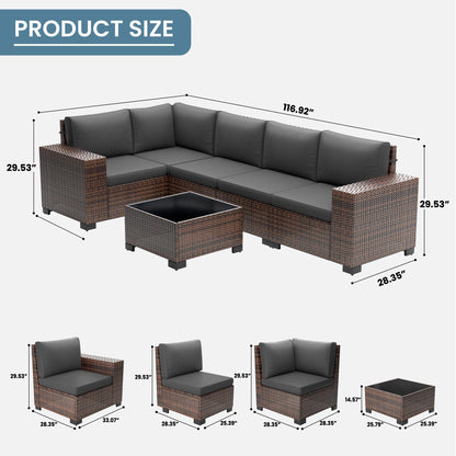 Amopatio Outdoor Sectional Furniture Set 6-Piece Brown Rattan Wicker Conversation Sofa Set with Glass Top Table and Waterproof Covers,Grey Cushions - WoodArtSupply