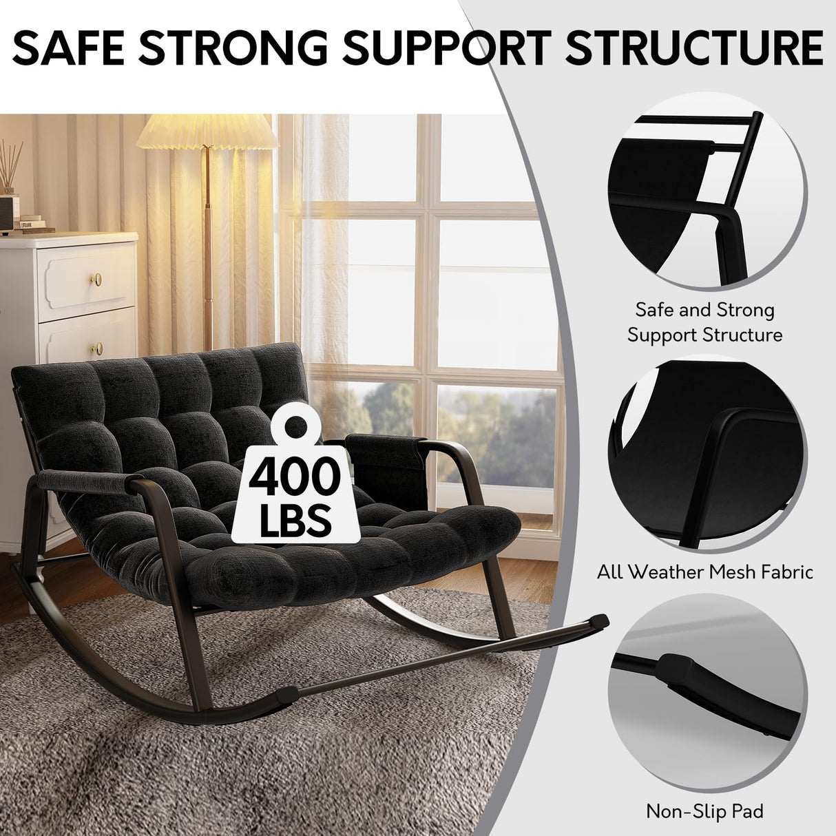 lavimiya Rocking Papasan Chair, Indoor Outdoor Patio Rocking Chairs, Double Papasan Chair with Cushion, Oversized Modern Rocker Chairs for Living Room, Bedroom, Porch, Garden Black lavimiya