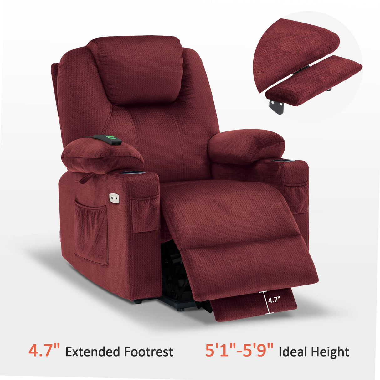 MCombo Power Lift Recliner Chair for Elderly, Lift Chair with Heat and Massage, USB&Type C Ports, Extended Footrest, Cup Holders, Fabric 7040 (Medium, Carmine Red) MCombo