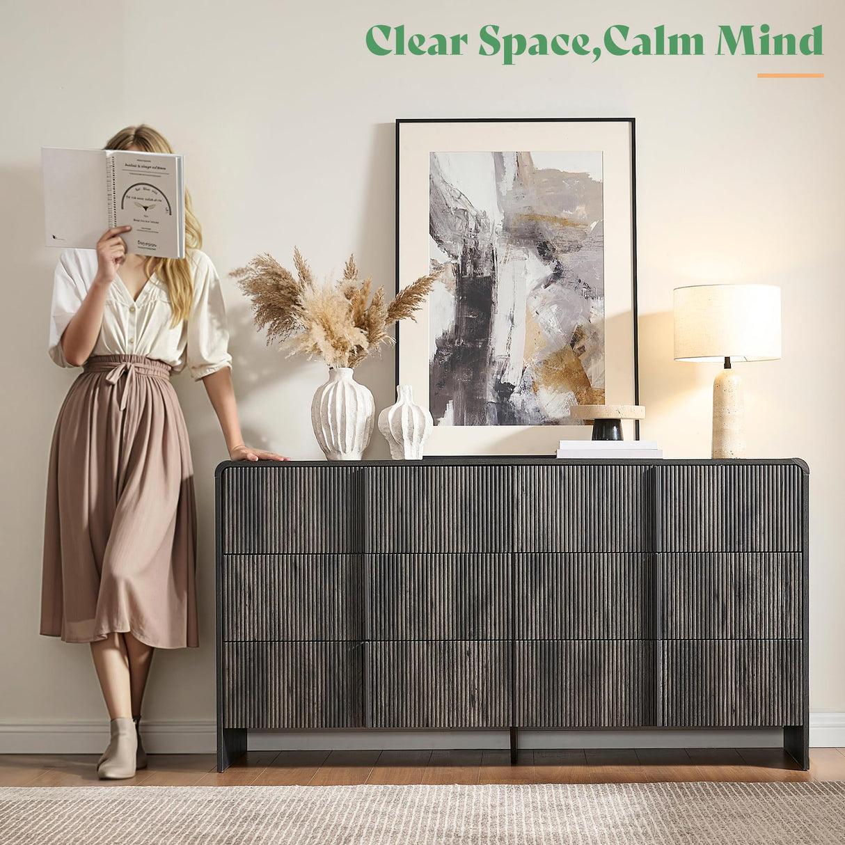 AMERLIFE 63" Fluted 6 Drawer Dresser, Long Modern Chest of Storage Drawers with Pine Handles, Rounded Corners & Anti-Tip Design, Wood Closet Organizer for Bedroom, Living Room, Nursery, Black AMERLIFE