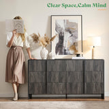 AMERLIFE 63" Fluted 6 Drawer Dresser, Long Modern Chest of Storage Drawers with Pine Handles, Rounded Corners & Anti-Tip Design, Wood Closet Organizer for Bedroom, Living Room, Nursery, Black AMERLIFE