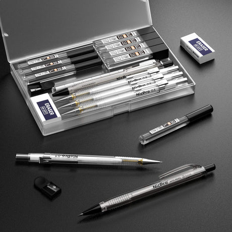 Nicpro 6PCS Art Mechanical Pencil Set, 4PCS Drafting Pencils 0.3 & 0.5 & 0.7 & 0.9 mm & 2PCS 2mm Lead Holder (4B 2B HB 2H) For Writing, Sketching Drawing With 12 Tube Lead Refills Erasers Case Nicpro