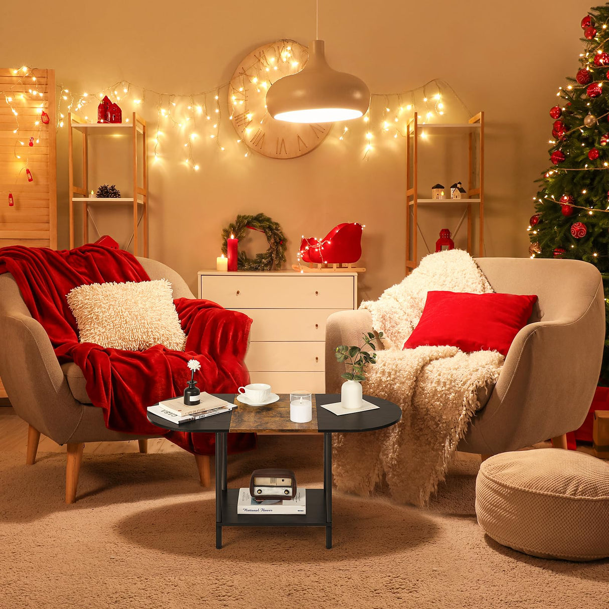 Coffee Tables for Living Room,2-Tier Small Oval Center Table Industrial Modern Style Coffee Tables with Storage Shelf and Wood Tabletop for Small Space,Home Office,Brown & Black Shinoske