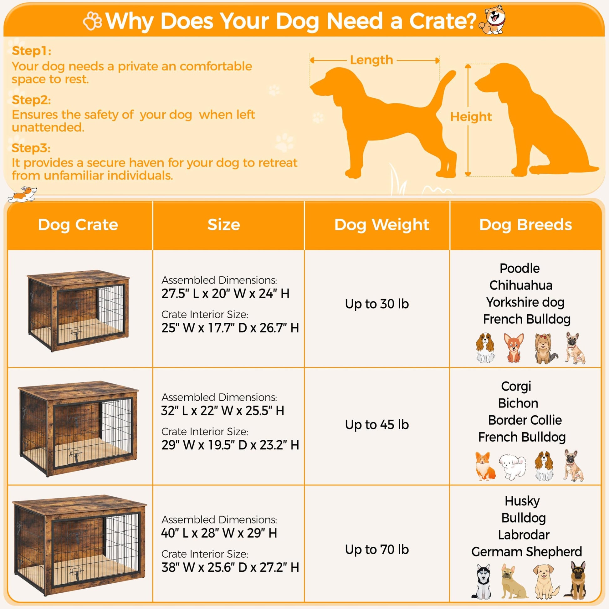 Yaheetech 32'' Dog Crate Furniture with Cushion Wooden Dog Crate with Double Doors/Adjustable Feet Side End Table for Small/Medium Dogs - WoodArtSupply