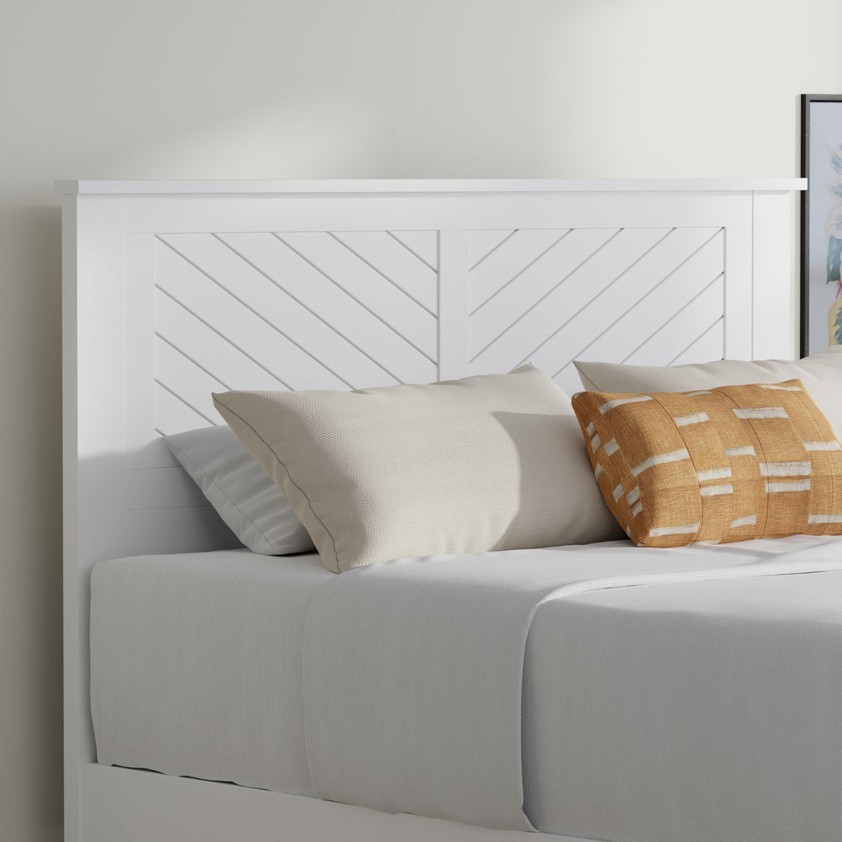 ComfIQ Serene Farmhouse Style Wood Bed in Full Size with Chevron Scoring Headboard, Coastal Modern Design, Sturdy, Easy Assembly, Ample Underbed Storage, White Finish ComfIQ