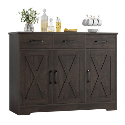 HOSTACK Modern Farmhouse Buffet Sideboard Cabinet, Barn Doors Storage Cabinet with Drawers and Shelves, Wood Coffee Bar Cabinet with Storage for Dining Room, Kitchen, Living Room, Dark Brown - WoodArtSupply