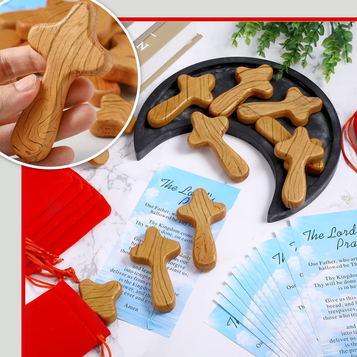 WILLBOND 12 Set Small Wooden Comfort Easter Pocket Crosses Hand Held with Red Velvet Pocket and Certificates 4 Inches Portable Holding Wooden Jesus Cross Gift for Prayer Men Christian Gift WILLBOND