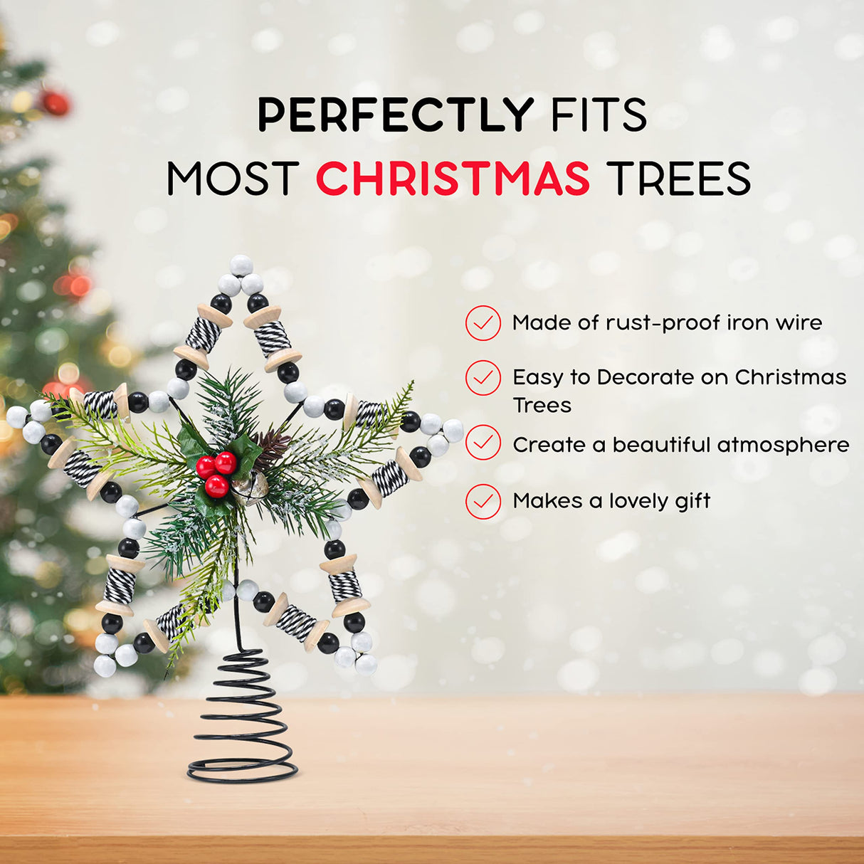 Ornativity Rattan Star Tree Topper – Christmas Farmhouse Decor Wooden Beads Rustic Tree Topper with Holly Mistletoe and Berry Wood Bead Trees Top Xmas Decorations 11.5" Ornativity