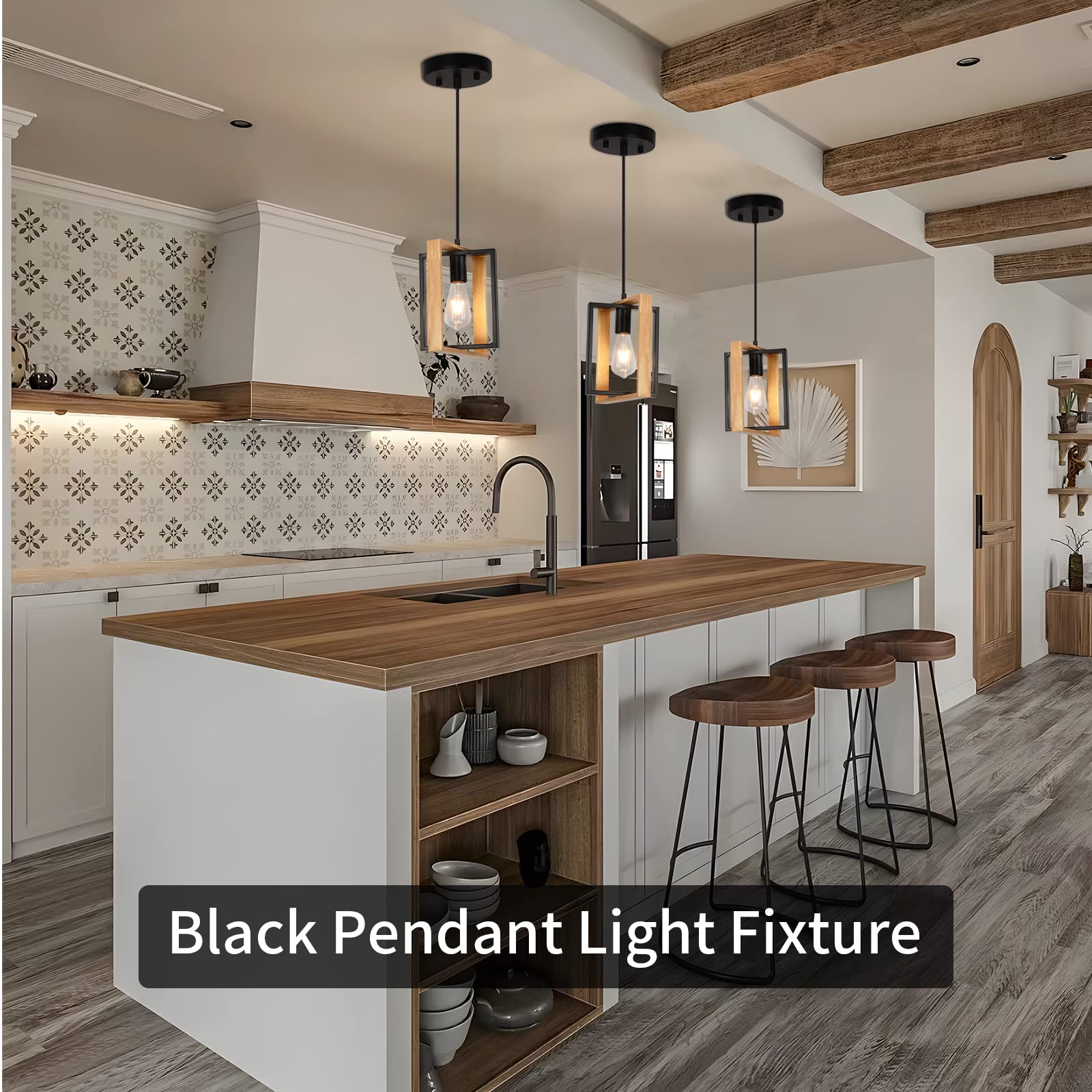 foucasal Pendant Lights Kitchen Island Black Pendant Light Fixtures with Rotatable Wood Frame Kitchen Island Pendant Lighting for Dining Room, Foyer - WoodArtSupply